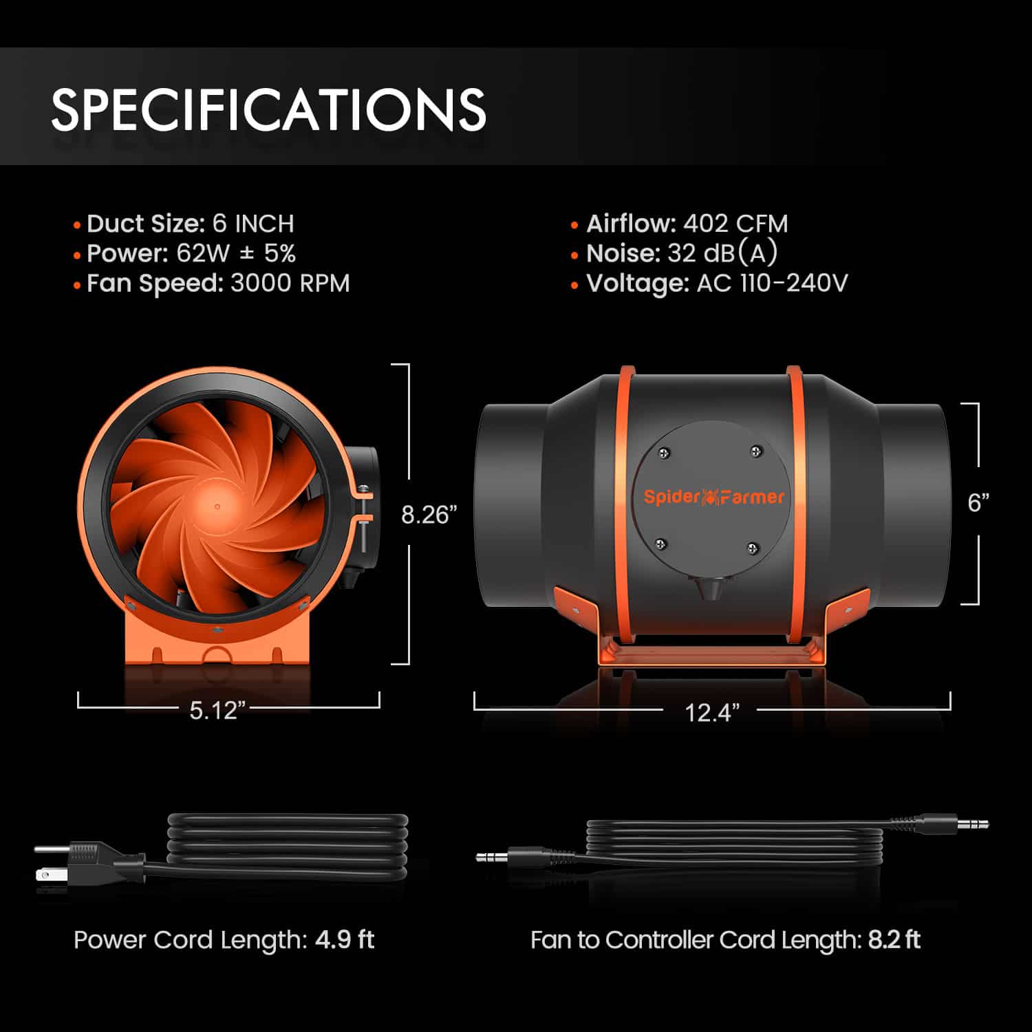 Product Secondary Image:Spider Farmer® Ventilateur de conduit en ligne silencieux de 6 pouces avec régulateur température-humidité