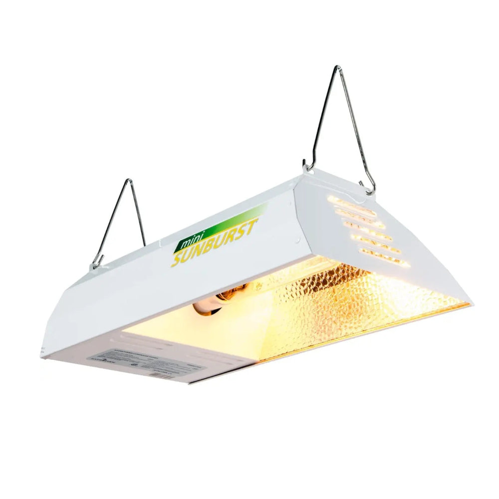 White grow light with gold interior and 'mini Sunburst' branding on a white background