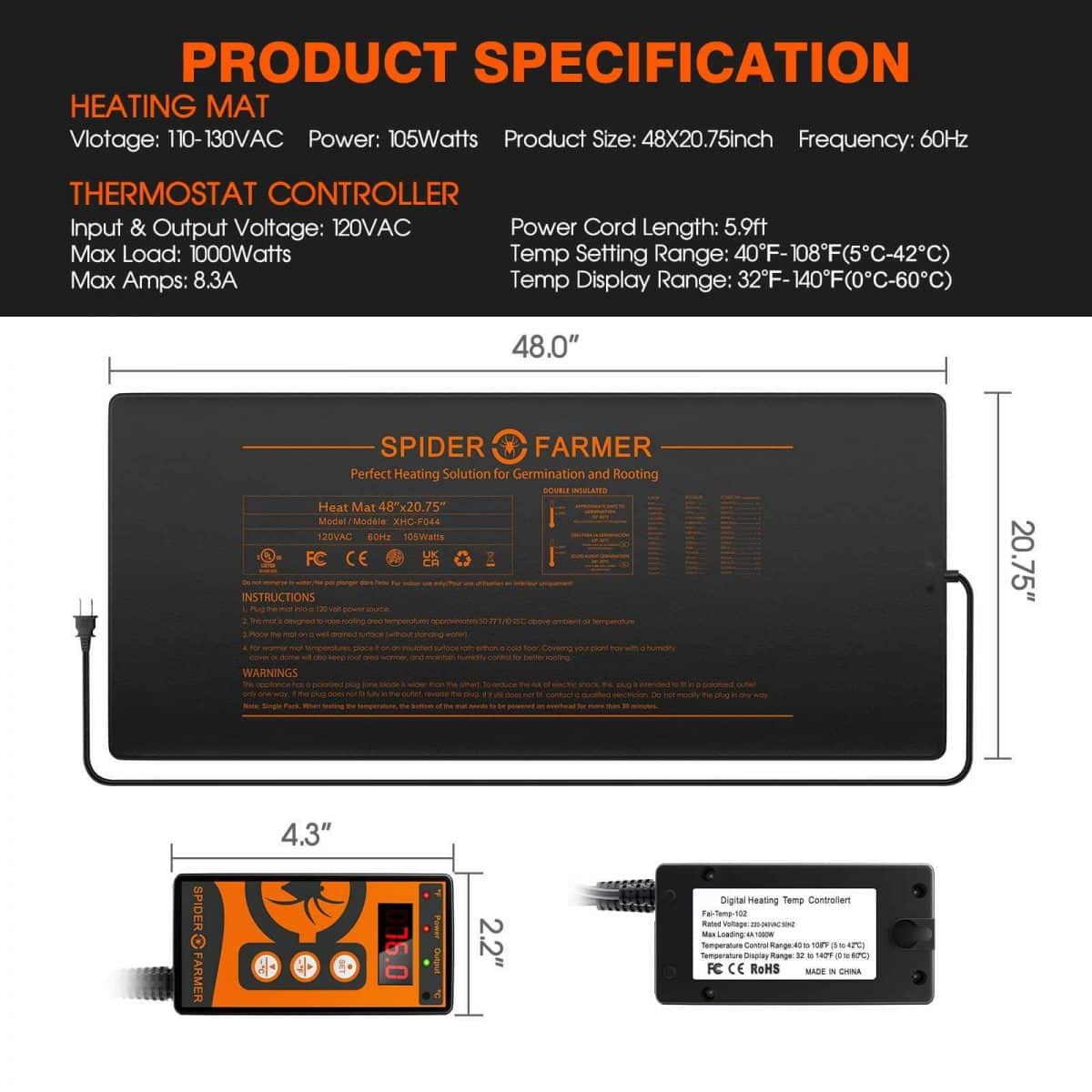 Spider Farmer 48”X20” Seedling Heat Mat & Controller Set