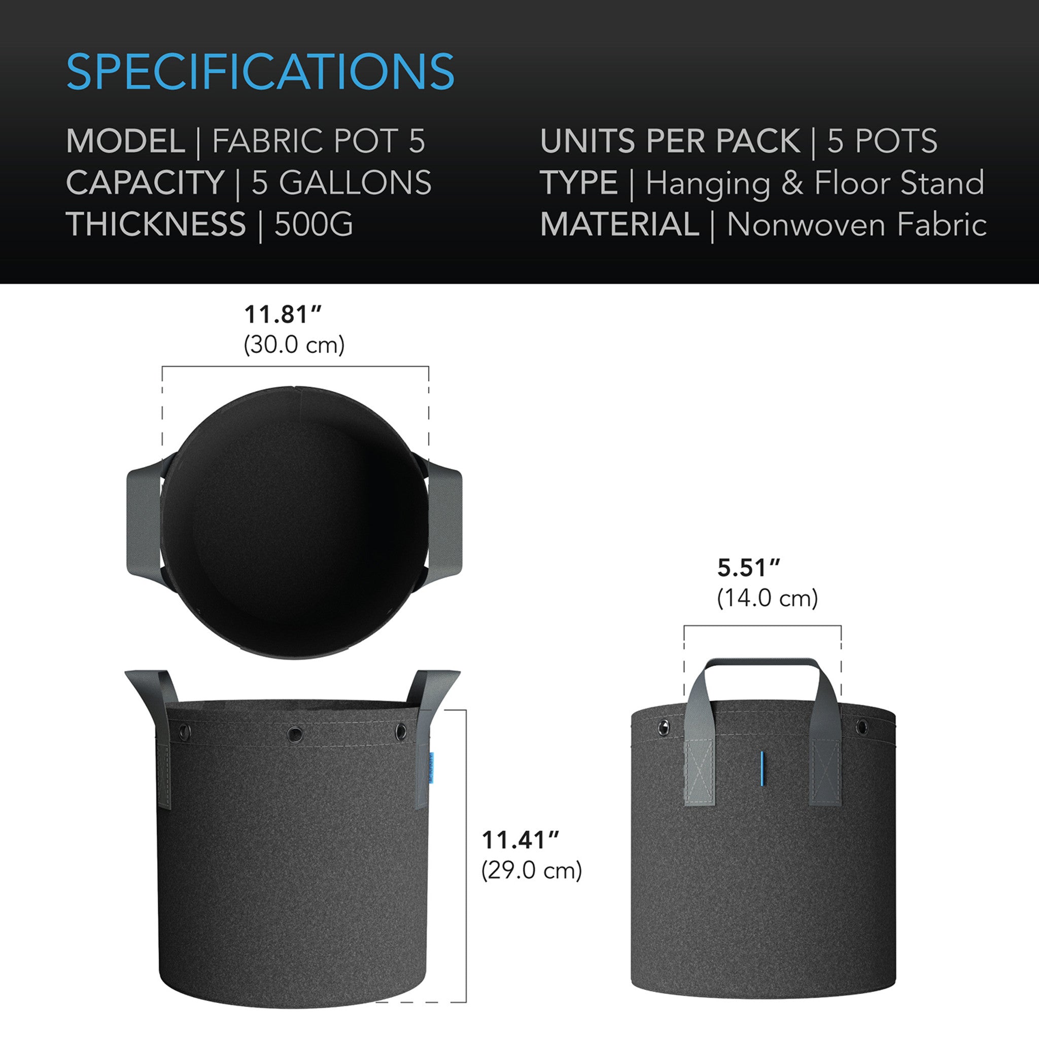 AC Infinity Heavy-Duty Round Fabric Pot (5-PACK)