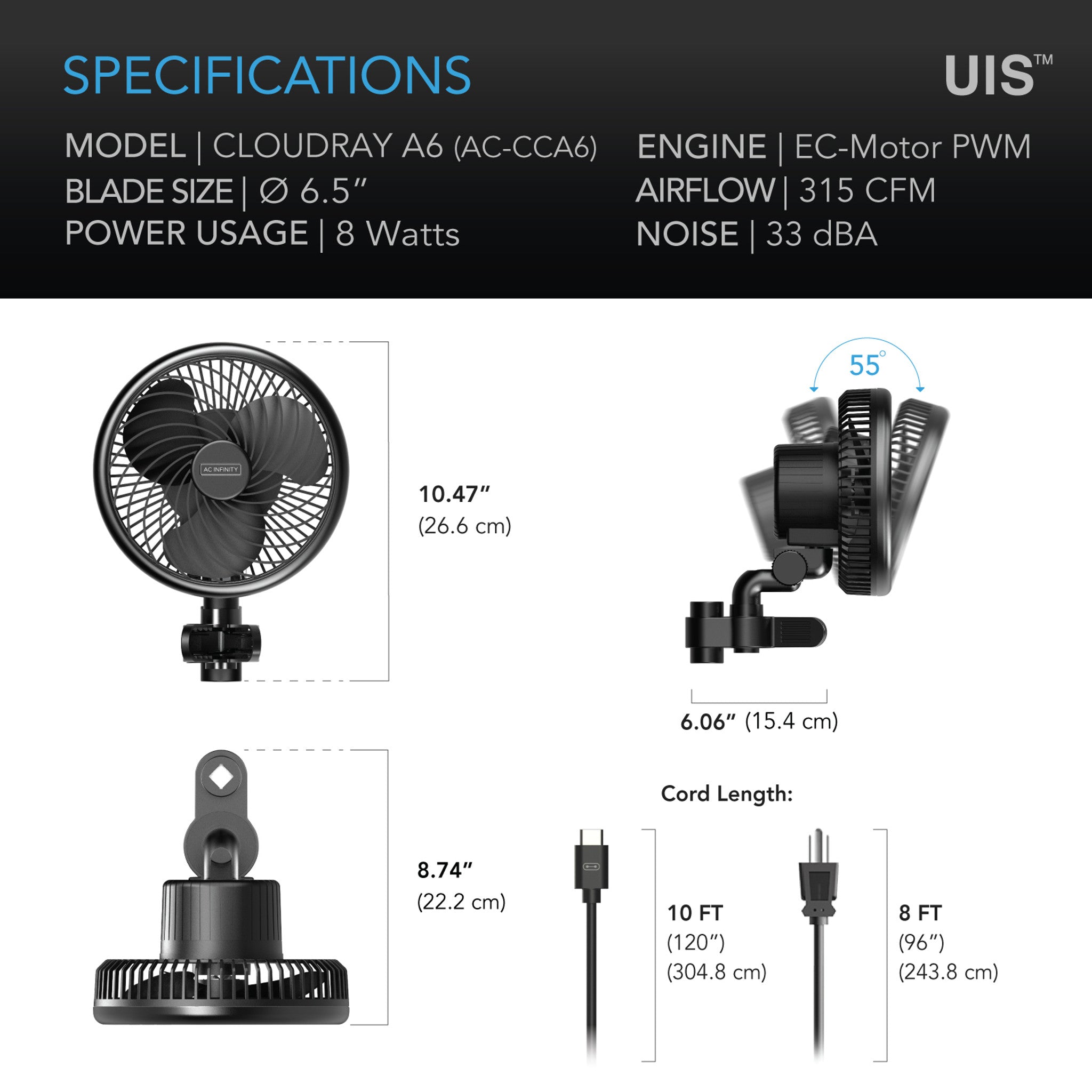 AC Infinity CLOUDRAY A series, Clip Fan with Manual Swivel