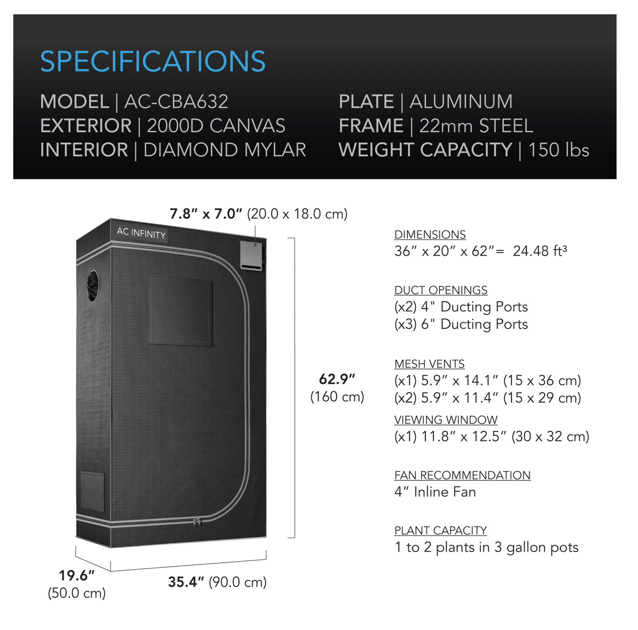AC Infinity CLOUDLAB 632 Advance Grow Tent 36" x 24" x 72"