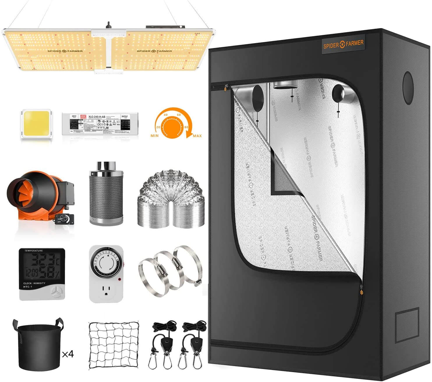 Product Image:Spider Farmer® SF2000 LED Grow Light+2'x4′ Grow Tent+Inline Fan Combo avec Speed Control