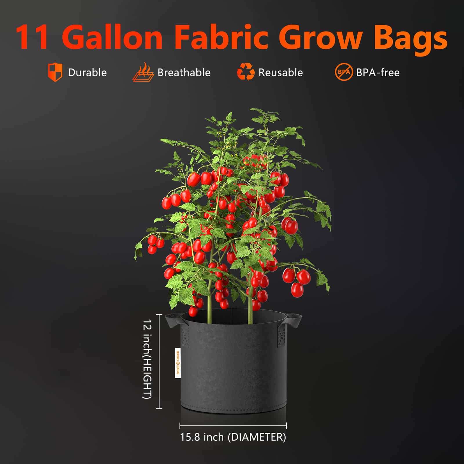Spider Farmer 5-pack 11 gallon grow bags Heavy Duty Fabric Pots with Handles
