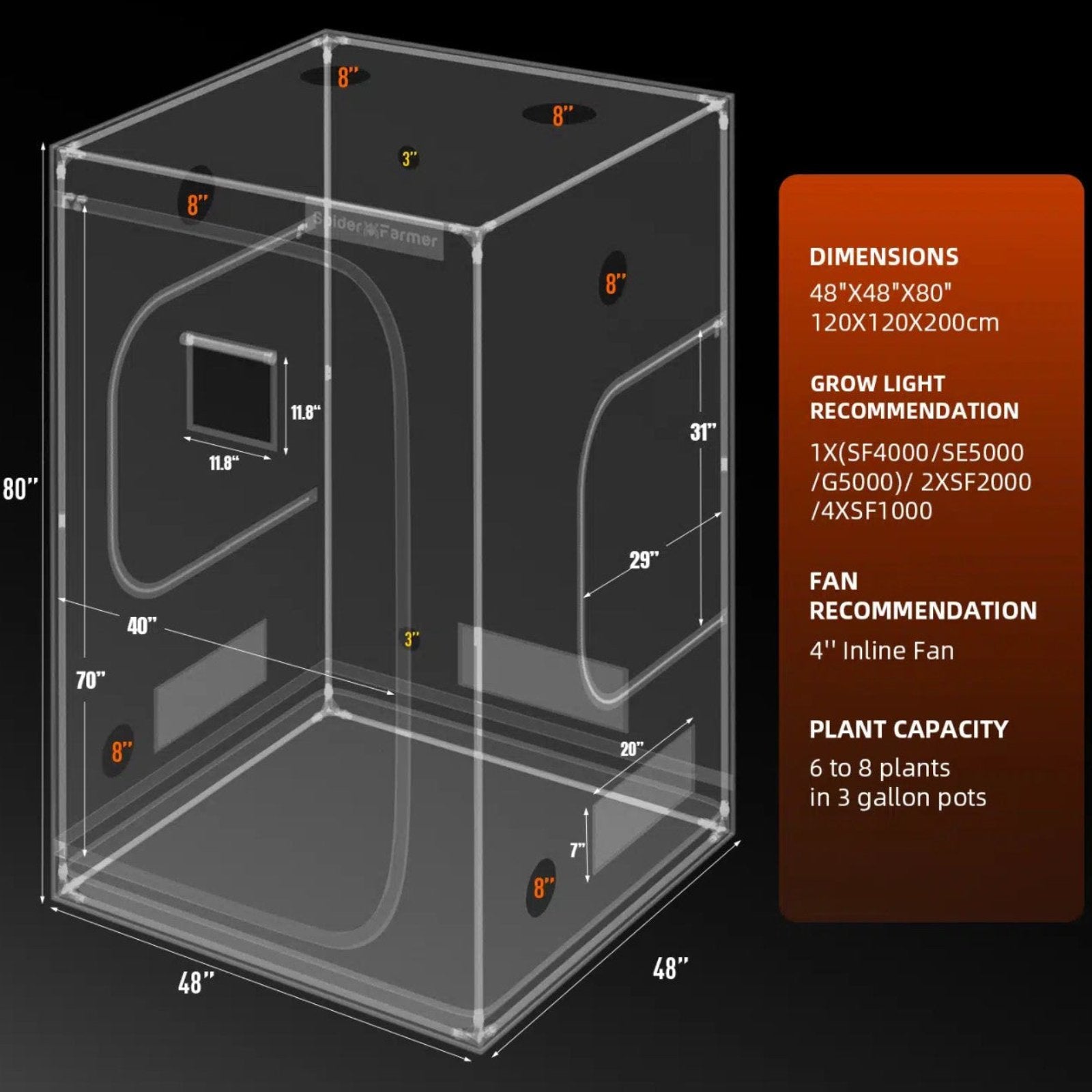 Spider Farmer 4’x4’x6.5′ (120x120x200cm) Indoor Grow Tent