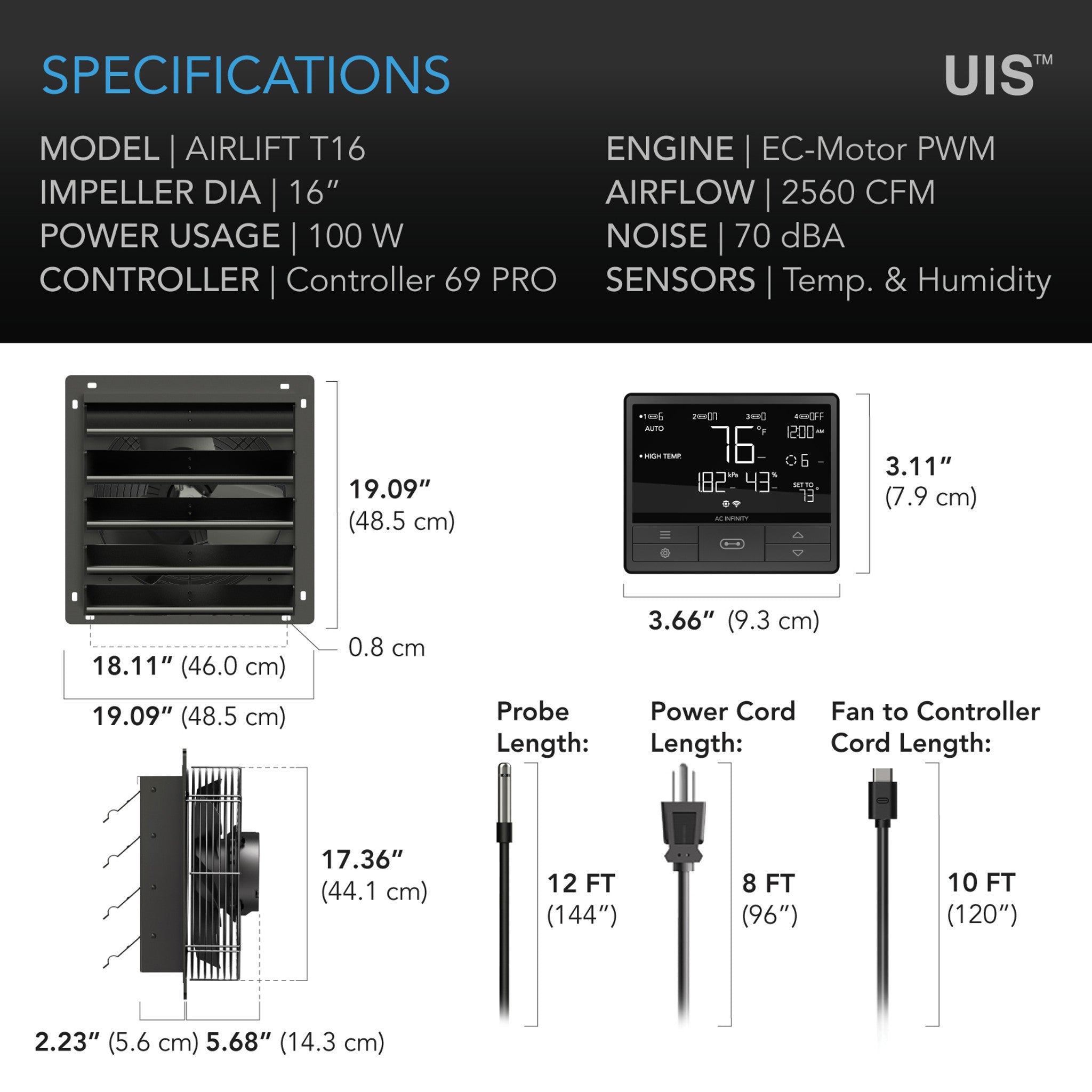 Airlift T10, Ventilateur d'extraction à volet 10", 69 PRO Controller