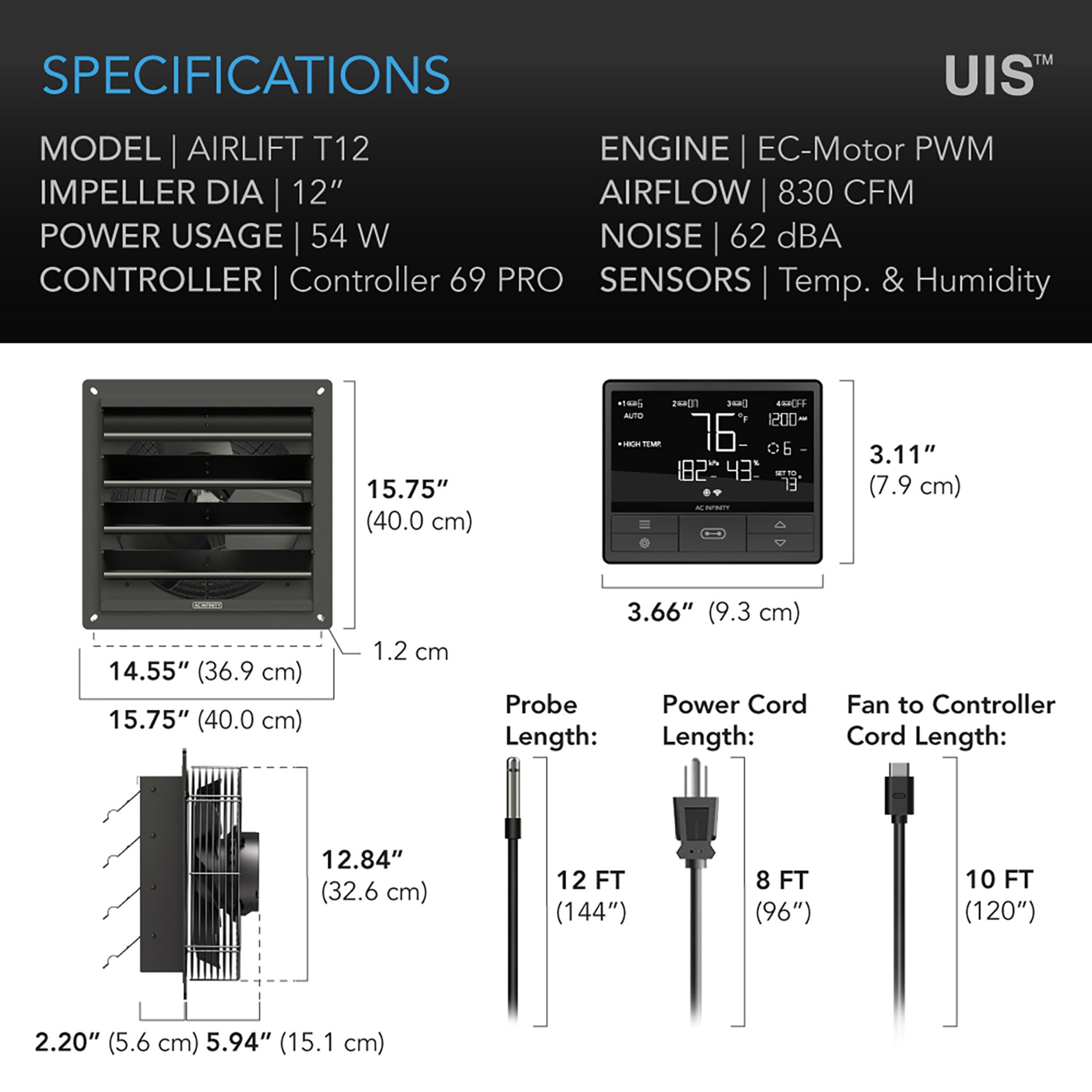 Airlift T10, Ventilateur d'extraction à volet 10", 69 PRO Controller