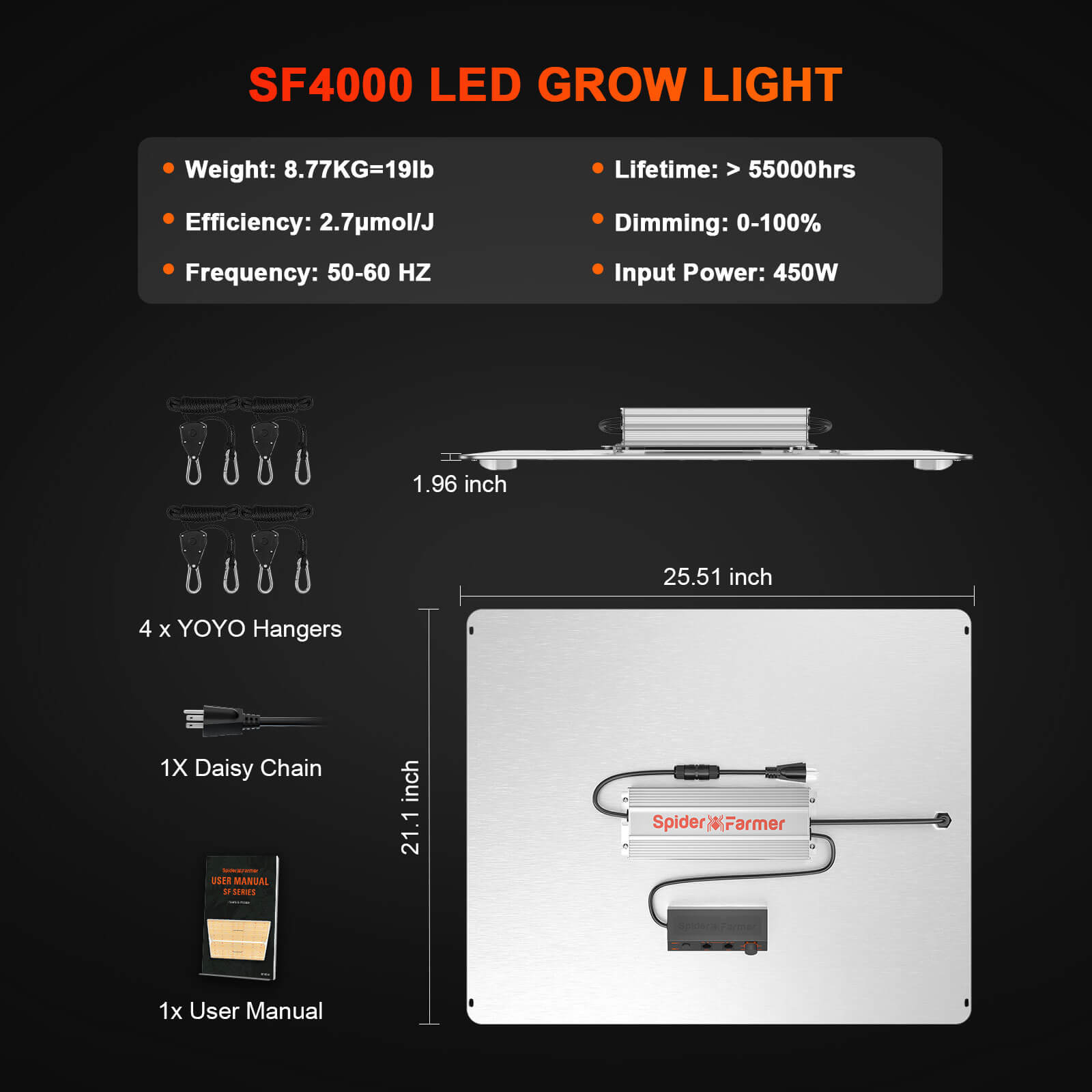 Spider Farmer® SF4000 450W LED Grow Light With Dimmer Knob